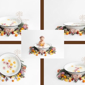 Milk bath bowl tub with flowers and fruit  baby digital background / backdrop for photography  boy girl