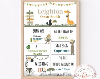 Newborn baby present | Safari Personalised New Born Print | Nursery A4 Print | New Born Gift | New Baby Gift | Safari Nursey Print
