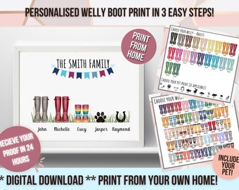 DIGITAL DOWNLOAD, Family print, family welly boot print, personalised welly boot print