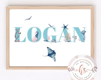 Name print for nursery, Sea life name print, Sea creatures, Sea life nursery theme, under the sea print