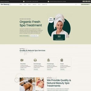 以下が含まれることがあります： Divi Beautyというスパ事業のウェブサイトのホームページ。ウェブサイトは緑と白のカラーテーマで、スパトリートメントとサービスの画像が掲載されています。ウェブサイトのテキストには、「Organic Fresh Spa Treatment」、「Quality & Natural Spa Services」、「We Provide Quality & Natural Beauty Spa Treatments」という単語が含まれています。