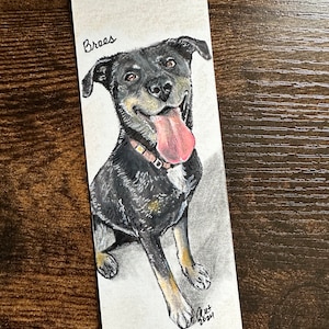 May include: A black and brown dog with a pink collar, sitting and looking up with its tongue out. The dog is named "Brees" and the drawing is dated "2021".