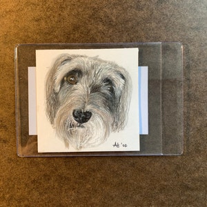 K&ouml;nnte beinhalten: Detaillierte Bleistiftzeichnung eines Hundegesichts mit grauem und wei&szlig;em Fell, einer schwarzen Nase und einem braunen Auge. Das Kunstwerk ist mit "AT '22" signiert und in einer transparenten Kunststoffh&uuml;lle.