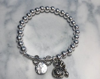 925 argent sterling 6MM perles argent sac fleur charme stretch bracelets femmes bracelets cadeau anniversaire