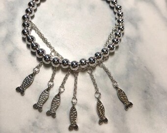 925 plata de ley 5MM cuentas de pescado amuleto pulseras elásticas mujeres pulseras regalo de cumpleaños