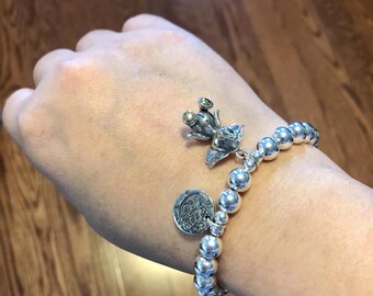 925 argent sterling éléphant sourire visage charme 7MM perle stretch bracelet, boule ronde argentée, bracelet femme, birtchday, minimaliste