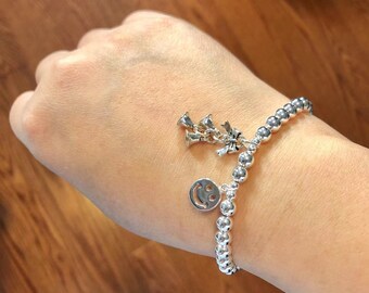 925 argent sterling arc cloche sourire visage charme 5 MM perle bracelet extensible, bracelet boule ronde, bracelet femme, cadeau d'anniversaire