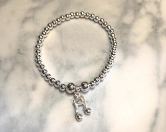 925 sterling silver note charm stretch bracelet, perles 4MM, bracelet de note d’argent, note d’argent, note d’argent, bracelet pour femmes, cadeau d’anniversaire