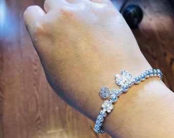 925 argent sterling flocon de neige fleur nœud papillon 5MM perle stretch bracelet, bracelet argent, boule ronde argentée, minimaiste, bracelet femme