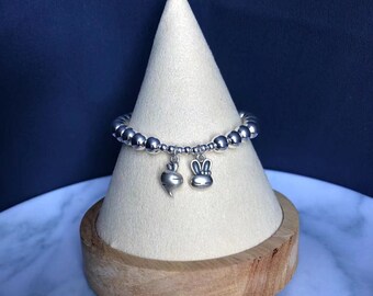 925 sterling argent lapin carotte charme 6MM perle stretch bracelet, bracelet rond boule, bracelet femme, cadeau d’anniversaire