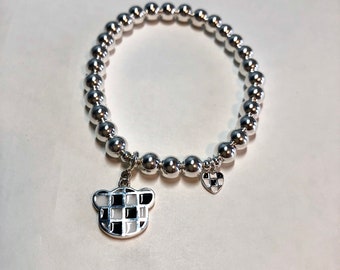 925 argent sterling 6MM ours tête coeur damier charme stretch bracelets femmes bracelets cadeau anniversaire