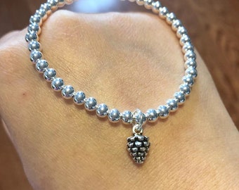 925 sterling silver pinecone charm 4MM bead stretch bracelet,silver pinecone bracelet,silver round ball,minimaist,women bracelet