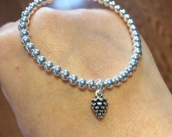 925 sterling silver pinecone charm 4MM perle stretch bracelet, silver pinecone bracelet, silver round ball,minimaist,bracelet femme