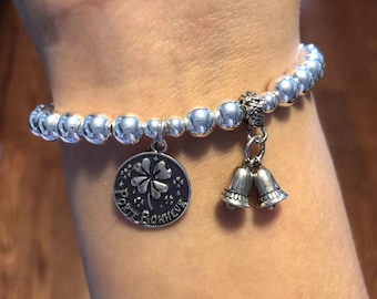 925 argent sterling Four Leaf Clover cloche charme 6MM perles bracelet extensible, bracelet femme, cadeau d’anniversaire, minimaliste