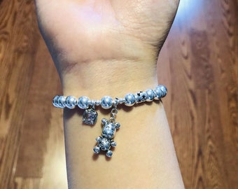 925 argent sterling ours charme étoile espaceur 7MM perle stretch bracelet, boule ronde argentée, minimaiste, bracelet femme
