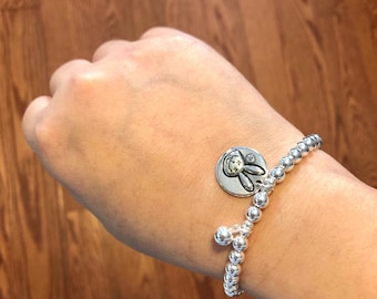925 charme de lapin en argent sterling 5MM perle stretch bracelet, boule ronde en argent, bracelet femme, cadeau birtchday, minimaliste