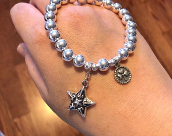 925 trèfle étoile en argent sterling 7MM perles bracelet extensible, bracelet étoile argentée, bracelet trèfle siver, bracelet boule ronde argent