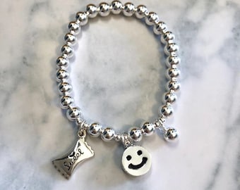 925 bracelets en argent sterling, visage sourire, bonbons sucrés, bracelet perles, bracelet stretch, bracelets visage argenté