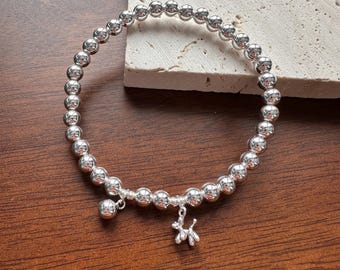 Pulsera elástica con dije de perro y globo de plata de ley 925, pulsera de perro y globo de plata, pulsera de perro y globo, pulsera de perro de plata, pulsera de mujer