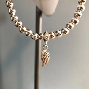 925 cuentas de plata de ley pulsera de estiramiento, pulsera de ala de ángel, joyería de ala de ángel, pulsera de encanto, regalo para ella, regalo de cumpleaños, ala de plata imagen 4