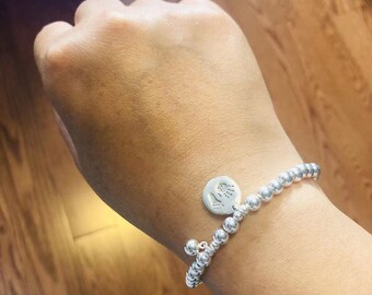 925 empreinte d’empreinte de main en argent sterling 5MM perle stretch bracelet, bracelet en argent, boule ronde en argent, minimaist, bracelet pour femmes