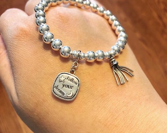 925 argent sterling suivez votre rêve étoile lune glands charme 6MM perle bracelet extensible, bracelet glands, bracelet rond en argent