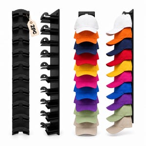 May include: A set of two black vertical wall-mounted hat racks, each featuring ten curved hooks for storage. One rack is shown empty with a tag labeled 2PC, while the other displays a stack of ten baseball caps in white, orange, navy, red, yellow, pink, blue, purple, light green, and beige.