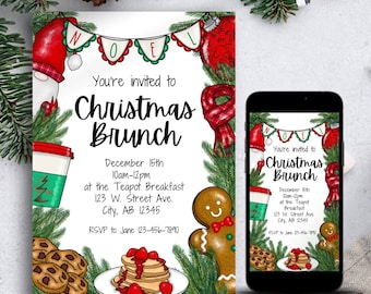 May include: A Christmas brunch invitation with a festive design featuring a gingerbread man, a cup of coffee, pancakes, and cookies. The invitation includes the date, time, and location of the event. RSVP to Jane 123-456-7890.