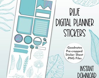 Planificateur numérique bleu Stickers Goodnotes fichier plante feuilles Clipart PNG Journal numérique Stickers BUJO iPad Stickers Post It Notes