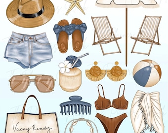 Beach Vacation Clipart | Summer Fashion PNG Stickers (Digital Download)