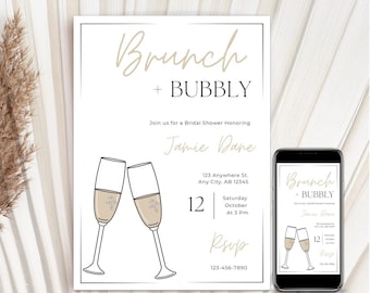 May include: A white bridal shower invitation with a beige background. The invitation features a handwritten font and a graphic of two champagne flutes. The text reads "Brunch + Bubbly" and includes the bride's name, date, time, and RSVP information.