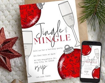 Könnte beinhalten: Eine weiße Einladungskarte mit roter und schwarzer Schrift, die "Jingle & Mingle" lautet. Die Karte zeigt einen roten und weißen Weihnachtsbaumschmuck mit der Aufschrift "Jingle All The Way". Die Karte zeigt auch eine Champagnerflöte und den Text "Join us for a holiday party on Dec 12th at 6pm at 123 Anywhere St., Any City, St 12345. rsvp 123-456-7890".