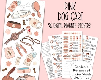Pegatinas rosas para planificar el cuidado de tu perro, dibujadas a mano (PNG, descarga digital)