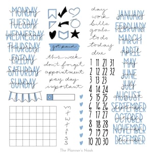 Minimalist Light Blue Calendar Digital Stickers for Goodnotes Planner Month Weeks Days Basic Functional iPad Digital Planner Stickers BUJO