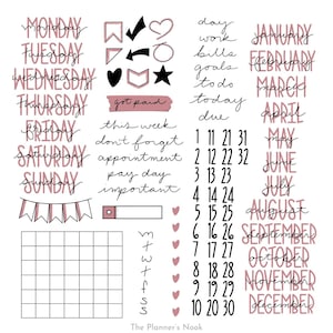 Minimalist Dusty Rose Calendar Digital Stickers for Goodnotes Planner Month Weeks Days Basic Functional iPad Digital Planner Stickers BUJO