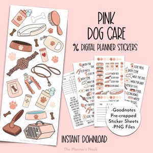 Pink Dog Care Digital Planner Stickers, Dog Care Goodnotes Stickers, Dog Tasks and Responsibilities Stickers, Hand Drawn Planner Stickers