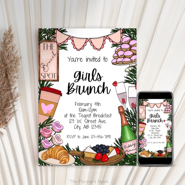 Girls Brunch Mobile Invitation, Girls Breakfast Evite, Girls Trip Editable Invitation, Galentine’s Invitation, Template