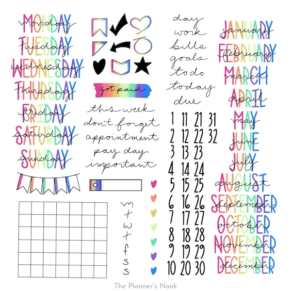 Minimalist Neon Rainbow Calendar Digital Stickers for Goodnotes Planner Month Weeks Days Basic Functional iPad Digital Planner Stickers BUJO