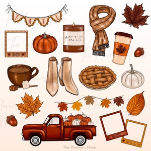 Fall Season Clipart Cozy Autumn Aesthetic iPad Digital Planner Stickers Goodnotes File Hand Drawn Neutral Thanksgiving PNG Graphic Icons