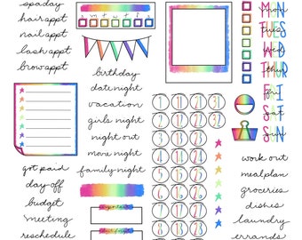 Pode incluir: Uma página de planejador imprimível com um tema de arco-íris. A página inclui um calendário, um rastreador de hábitos, uma lista de tarefas e uma seção para notas. A página é decorada com estrelas, arco-íris e outros elementos divertidos.