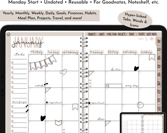 Minimalist Neutral Digital Planner for Goodnotes Digital Calendar Month Weeks Days Basic Functional iPad Digital Life Planner All In One
