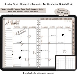 以下が含まれることがあります： 月曜日から始まる1月のデジタルプランナーテンプレート。GoodnotesやNoteshelfなどのノートアプリで使用するために設計されています。ToDoリスト、仕事、予定、請求書、給料日などのセクションが含まれています。テンプレートは日付なしで再利用可能です。