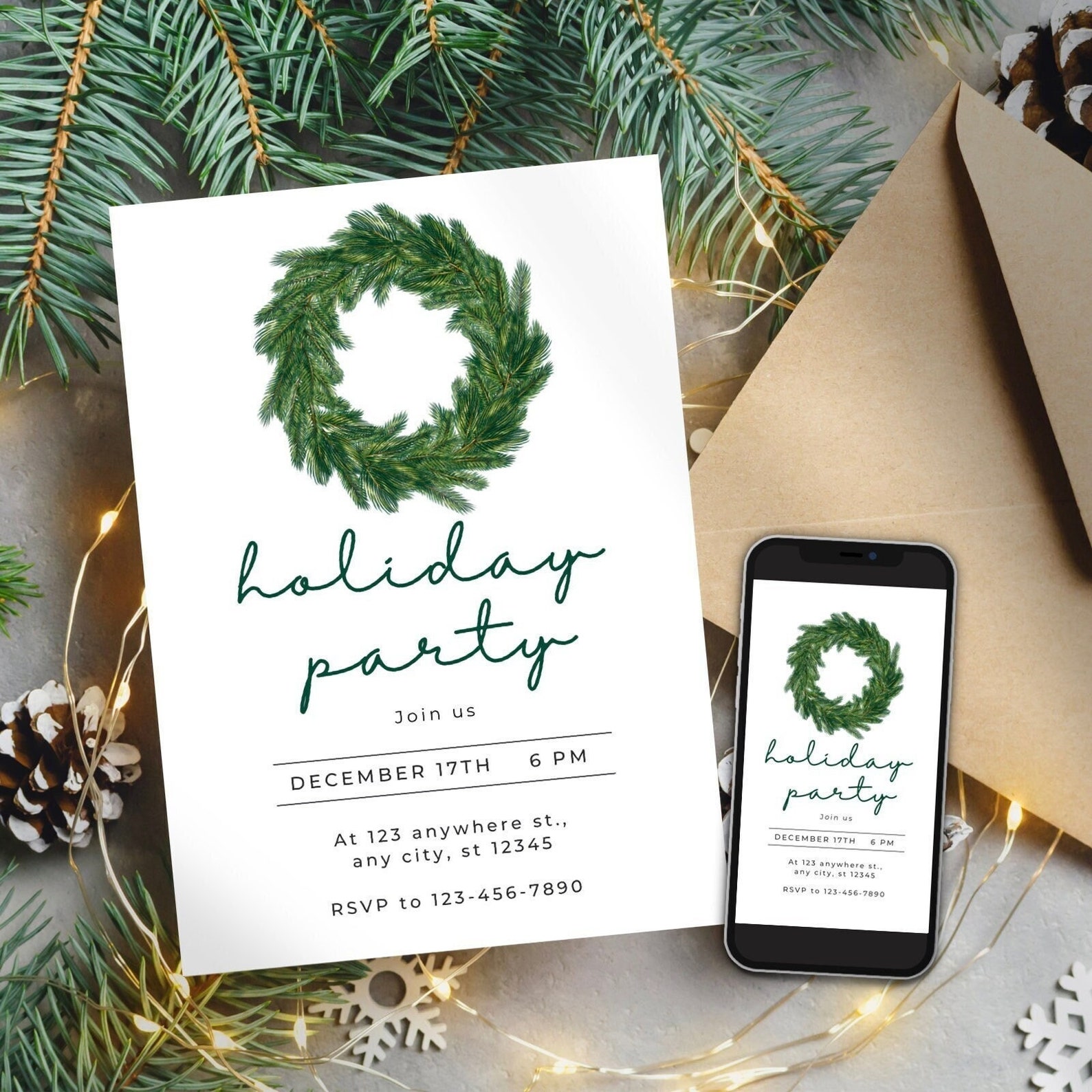 Holiday Party Invite, Editable Invitation, Mobile Invitation, Greenery