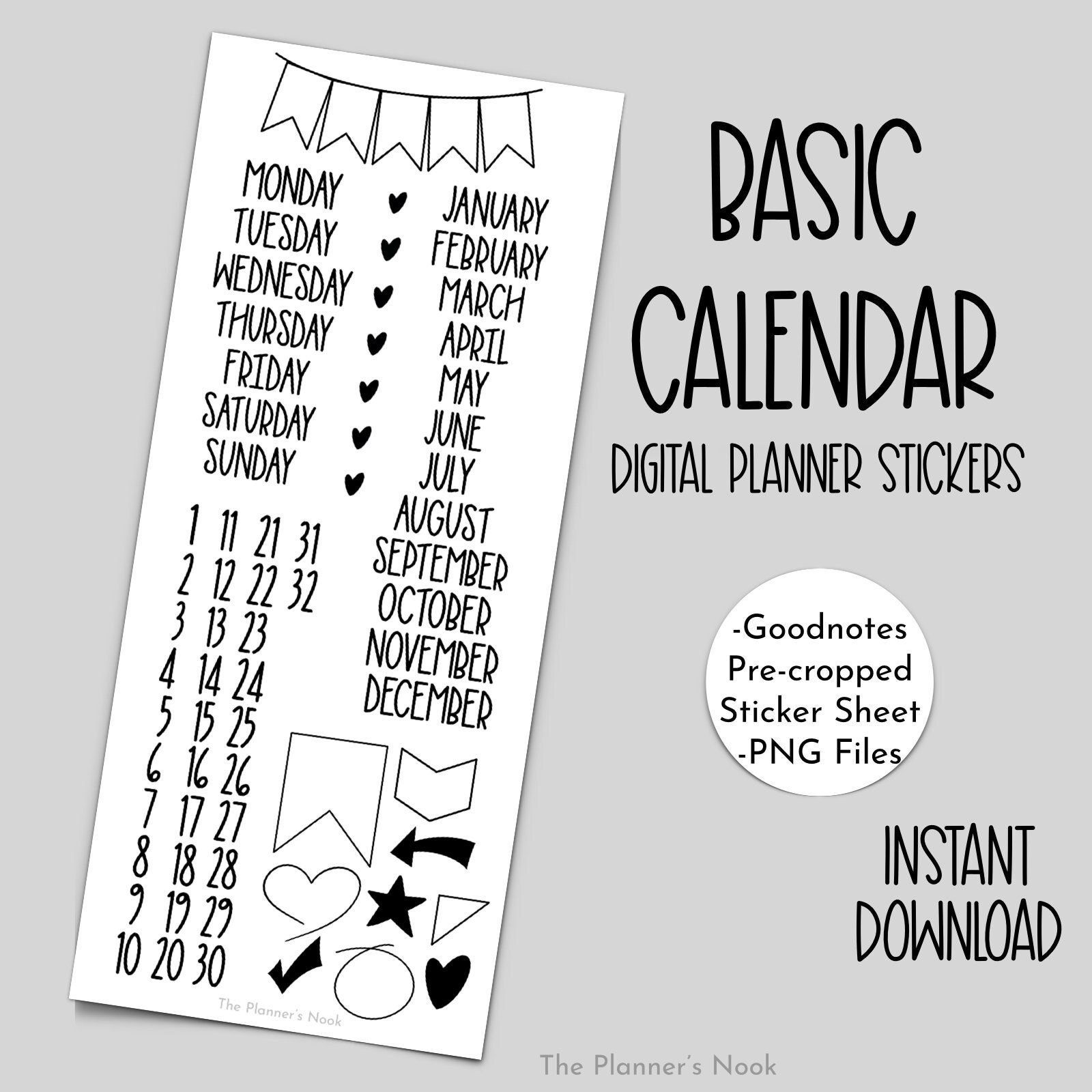 Basic Calendar Digital Stickers for Goodnotes Planner Month Etsy