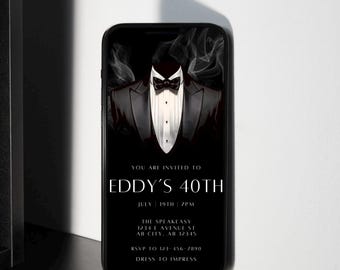 Tuxedo Birthday Invitation, Men Birthday Mobile Invite, Black Tie Invite, Suit Theme Editable Invitation, 40th Birthday Invite, Classy Tux