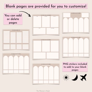 May include: A printable vacation outfit planner with blank pages for customizing. The planner includes sections for tops, bottoms, dresses, shoes, and accessories. The planner also includes a section for packing lists. The planner comes with PNG stickers to add to the blank pages. The stickers include a sun, a moon, and an airplane.