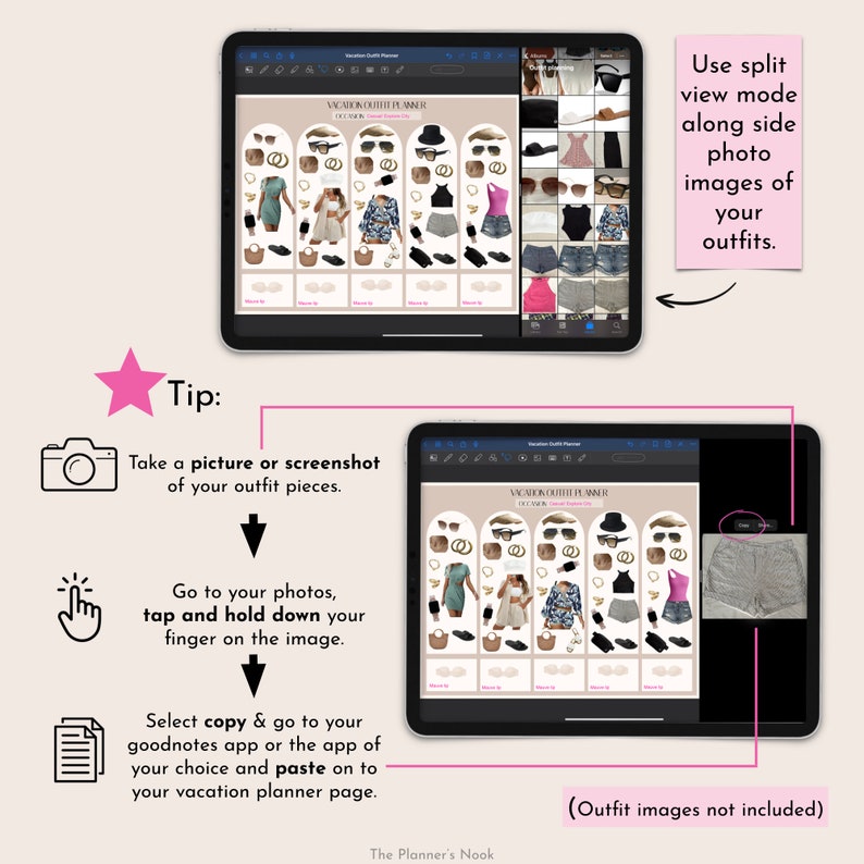 May include: A screenshot of a digital vacation outfit planner on an iPad. The planner is divided into sections for different outfits, with each section containing a photo of a different outfit. The planner also includes a section for notes and a section for packing lists.