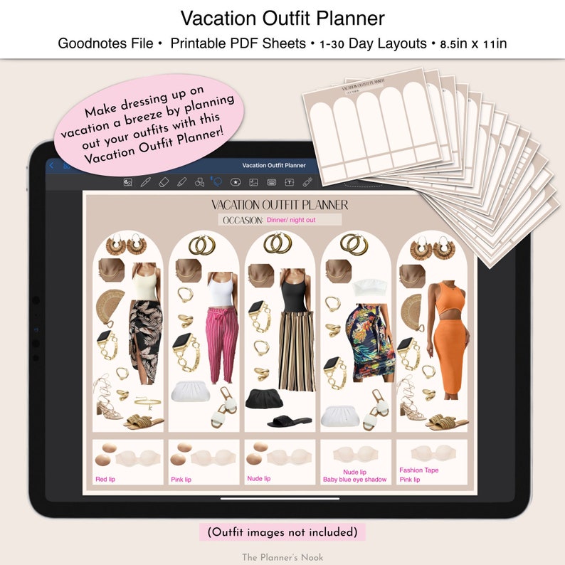 May include: A printable vacation outfit planner with four outfit ideas for a dinner or night out. Each outfit idea includes a top, bottom, shoes, jewelry, and accessories. The planner also includes a section for notes and a space to add your own outfit ideas.
