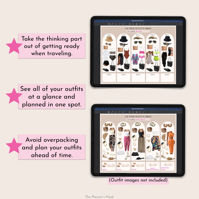 May include: A digital planner template for vacation outfit planning. The template includes a grid with five columns for each day of the trip. Each column has space to plan an outfit, including a hat, top, bottom, shoes, and accessories. The text "Vacation Outfit Planner" is at the top of the template.