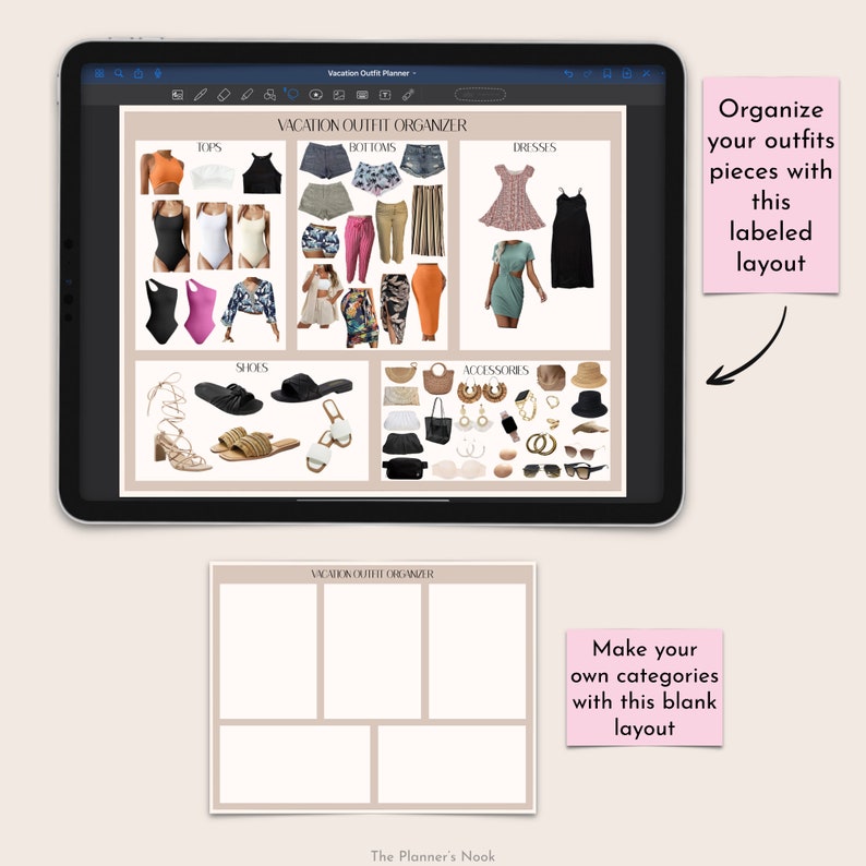 May include: A digital planner page with a grid layout for organizing vacation outfits. The page is labeled "Vacation Outfit Organizer" and includes categories for tops, bottoms, dresses, shoes, and accessories. The page is designed to help users plan their outfits for a trip.